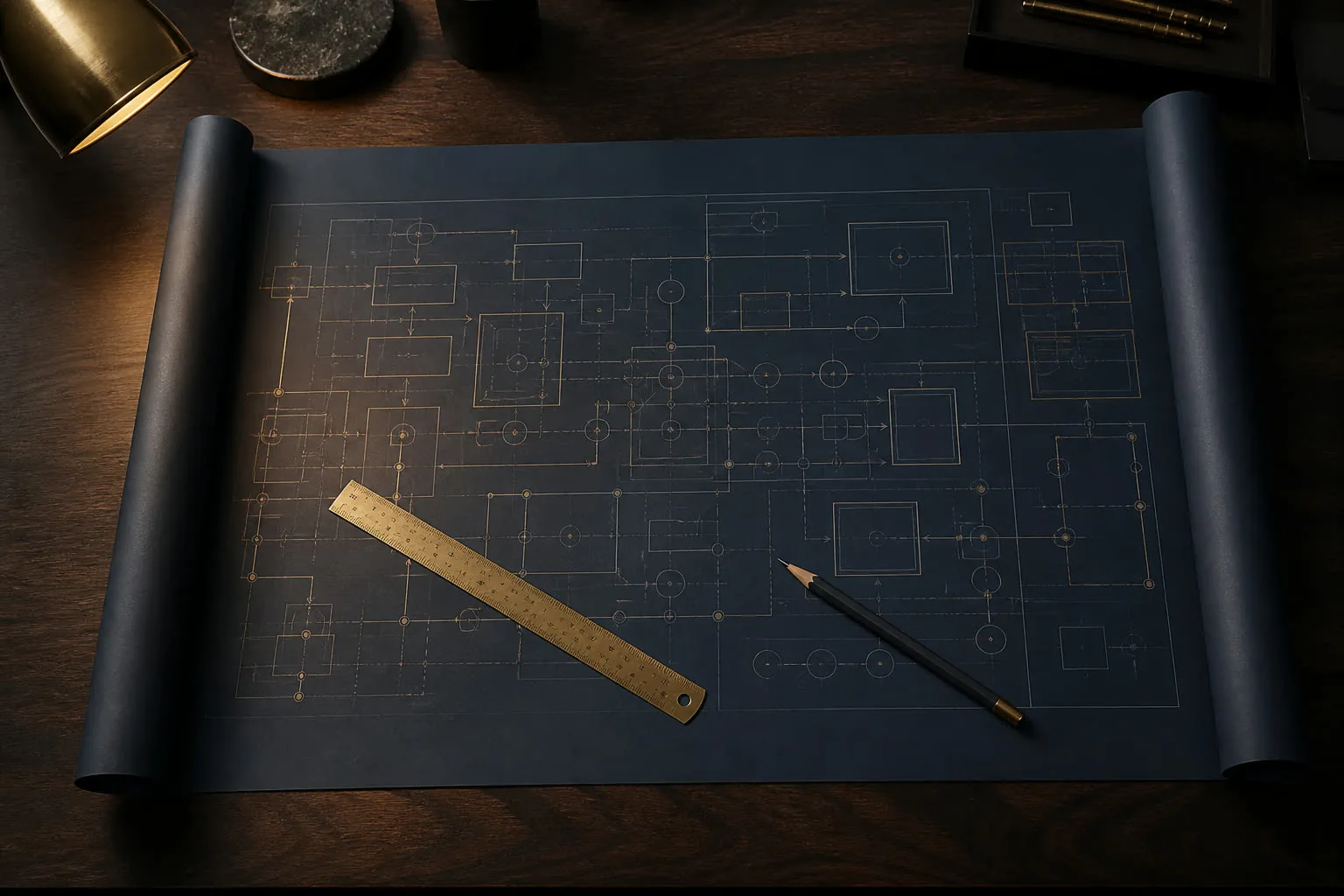 A system blueprint spread on a desk